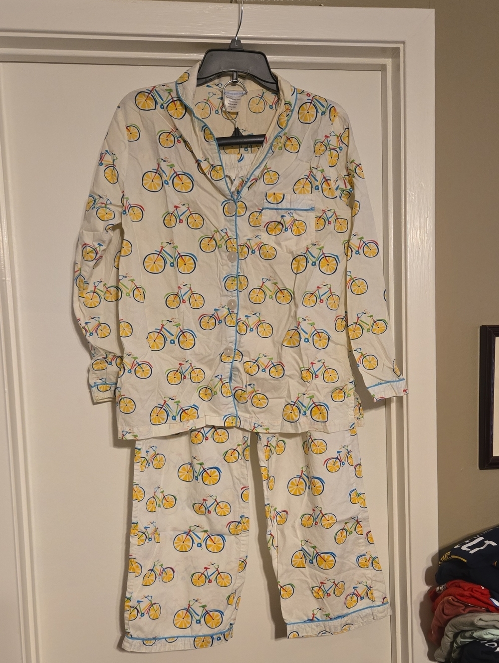 The Company Store White Pajama Set with Yellow & Blue Bicycle Print
